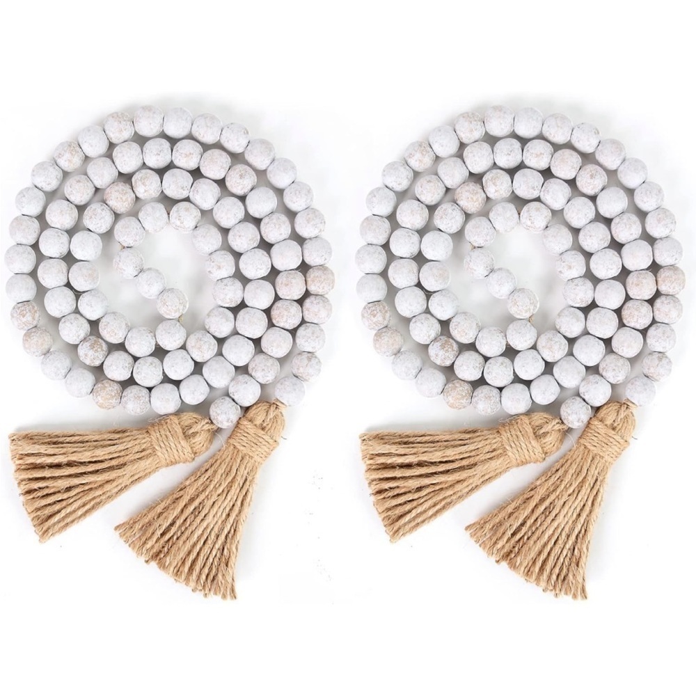 Rustic Boho Farmhouse Distressed White Beads/Wood Tie Tassel Garland Home Decor